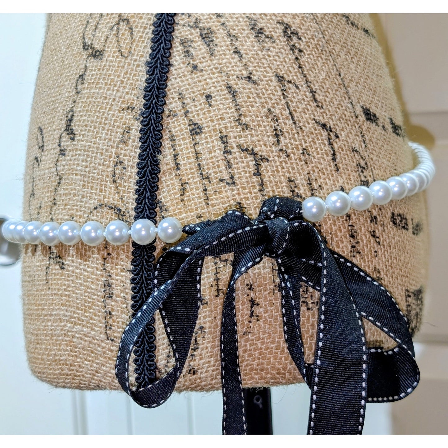 Vintage Contrasting Stitch Black Crossgrain Ribbon Pearl 77" Long Belt