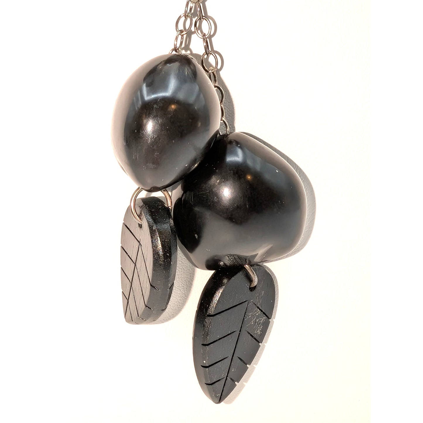 925 Sterling Pearl Black Carved Wood Leaf Tagua Nut Dangle Tassel Necklace