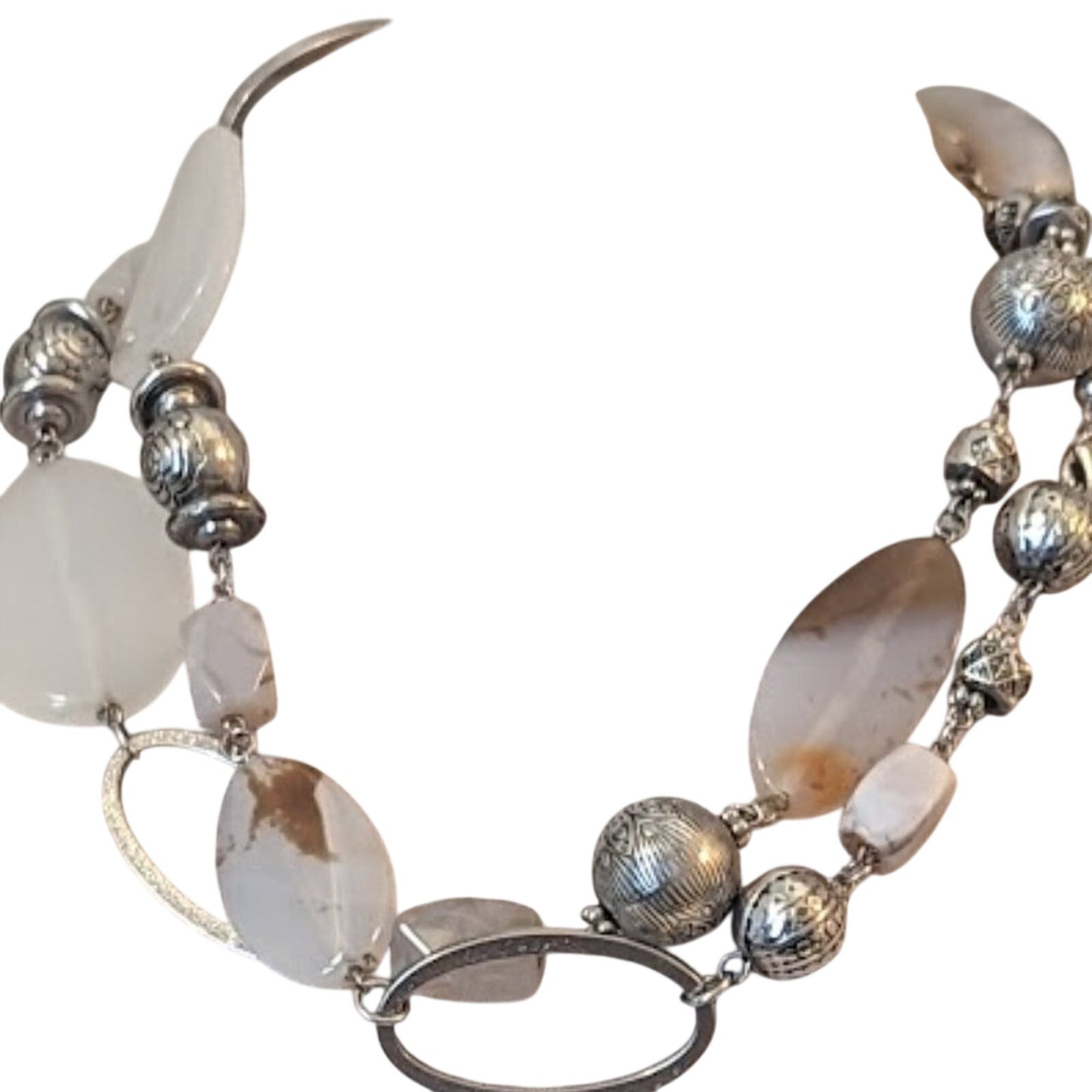 Gemstones, Silver Tone Balls and Beads, and Silver Tone Oval Necklace