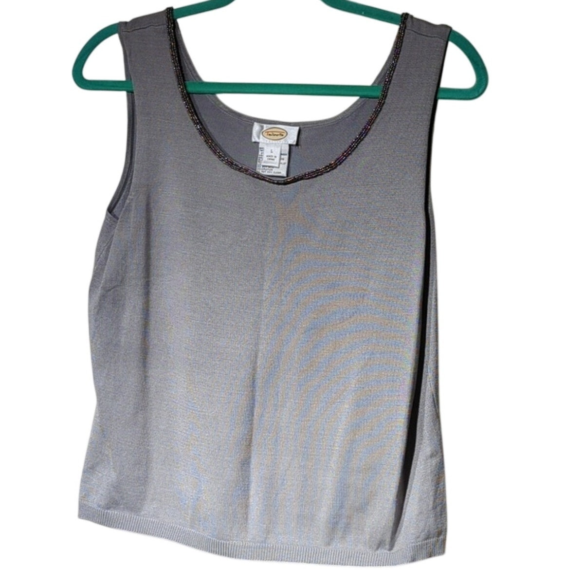 Talbots Gray Silk Blend Beaded Sweater Set Wide Rib Hem 3/4 Sleeves Women's Sz L