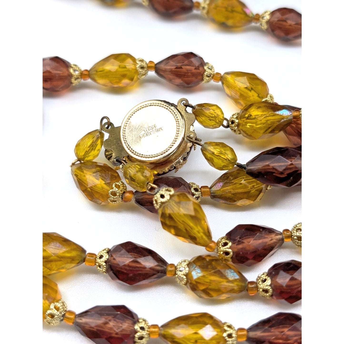 Vintage Double Strand Signed West Germany AB Gold Caramel Acrylic Bead Necklace