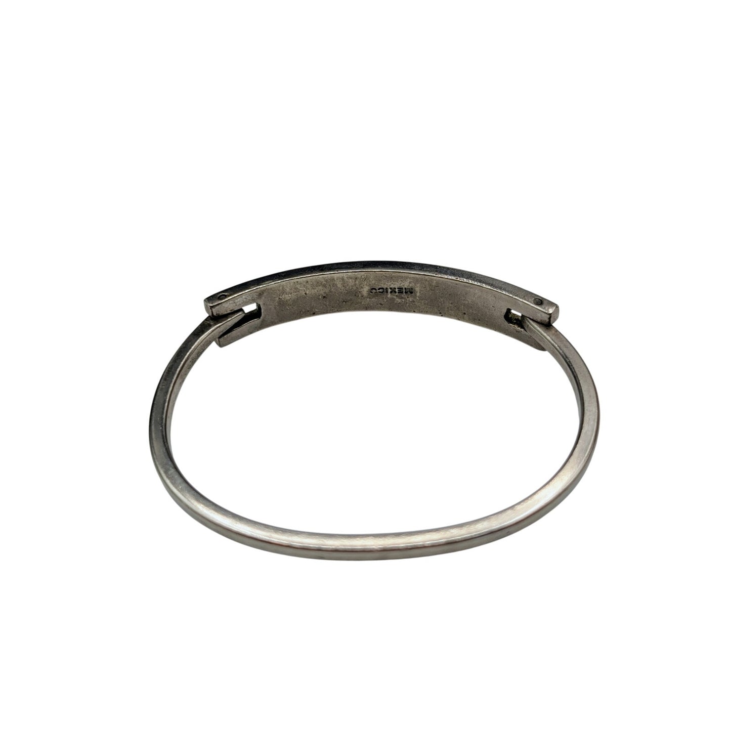 Vintage Made in Mexico Silver Tone Black Inlay Hook Clasp Oval Bangle Bracelet