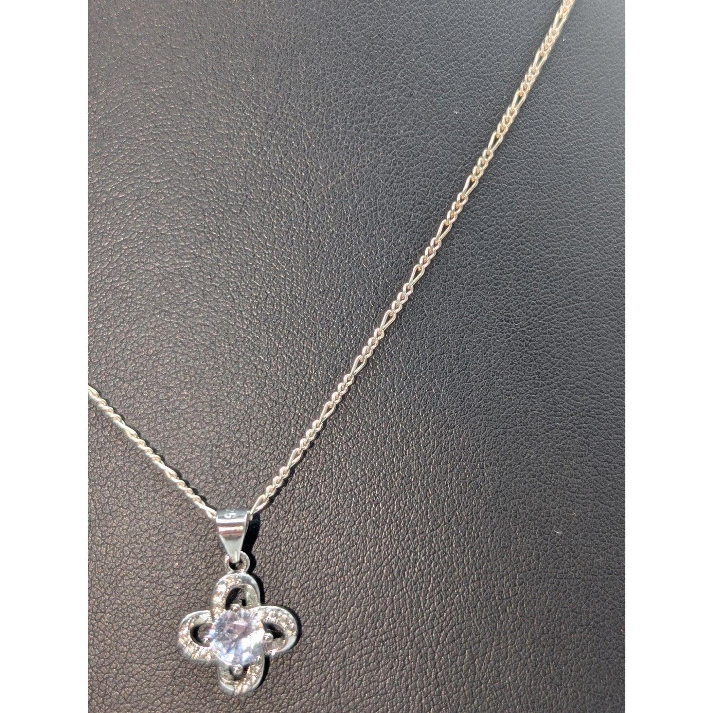 925 Sterling Silver CZ Pendant 18" Figaro Chain Necklace