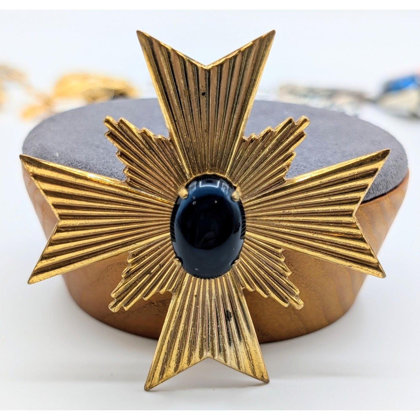 Rare Signed Vintage Miriam Haskell Gold Tone Blue Cabochon Maltese Cross Brooch