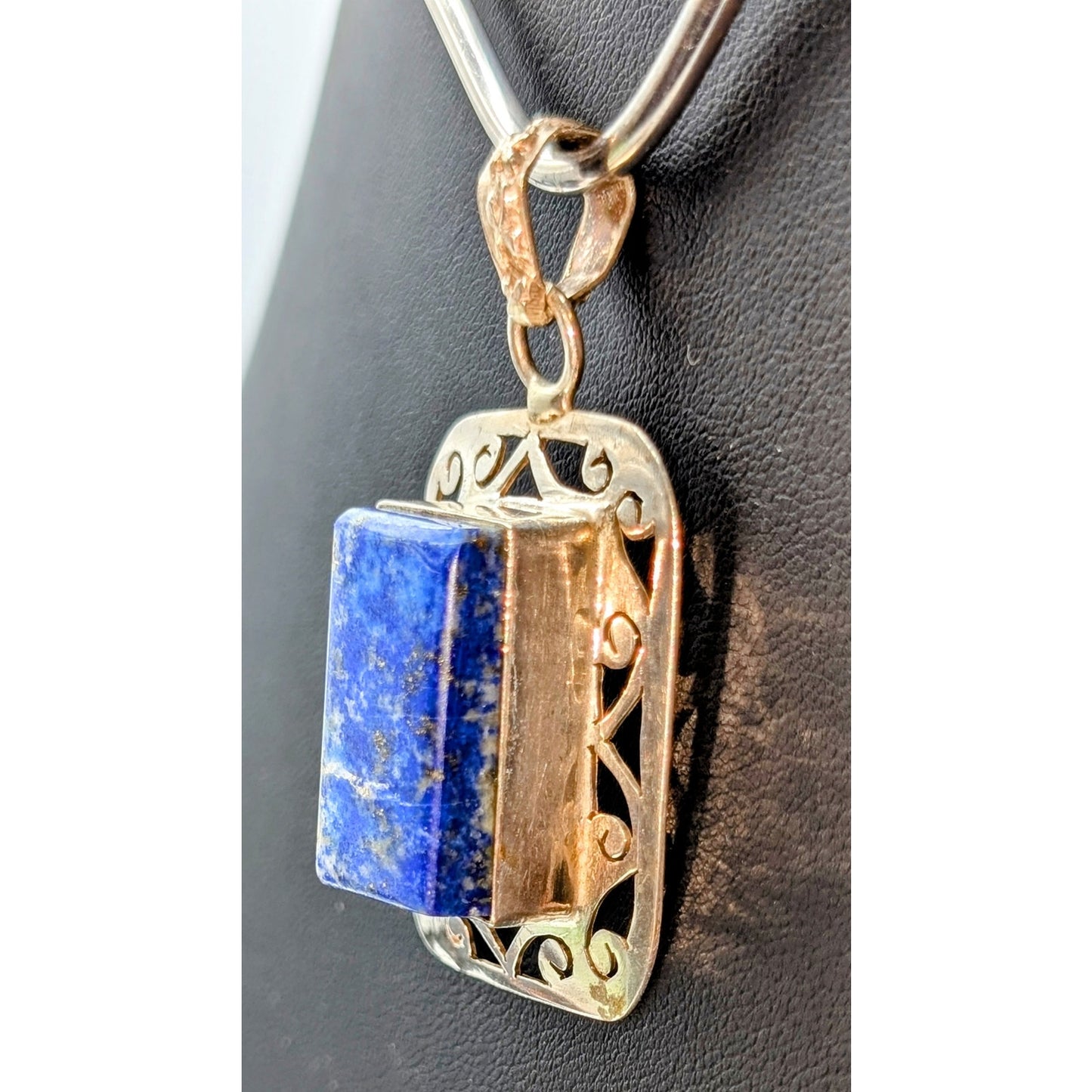 VTG Filigree 925 Sterling Silver Setting Rectangle Lapis Lazuli Pendant (Only)