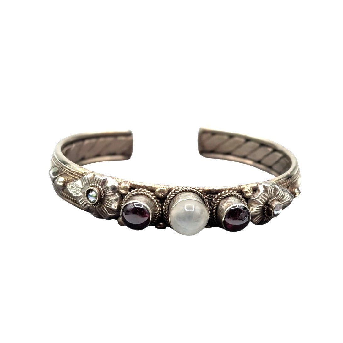 Vintage 70s Silver Metal Semi-Precious Stones India Cuff Bracelet