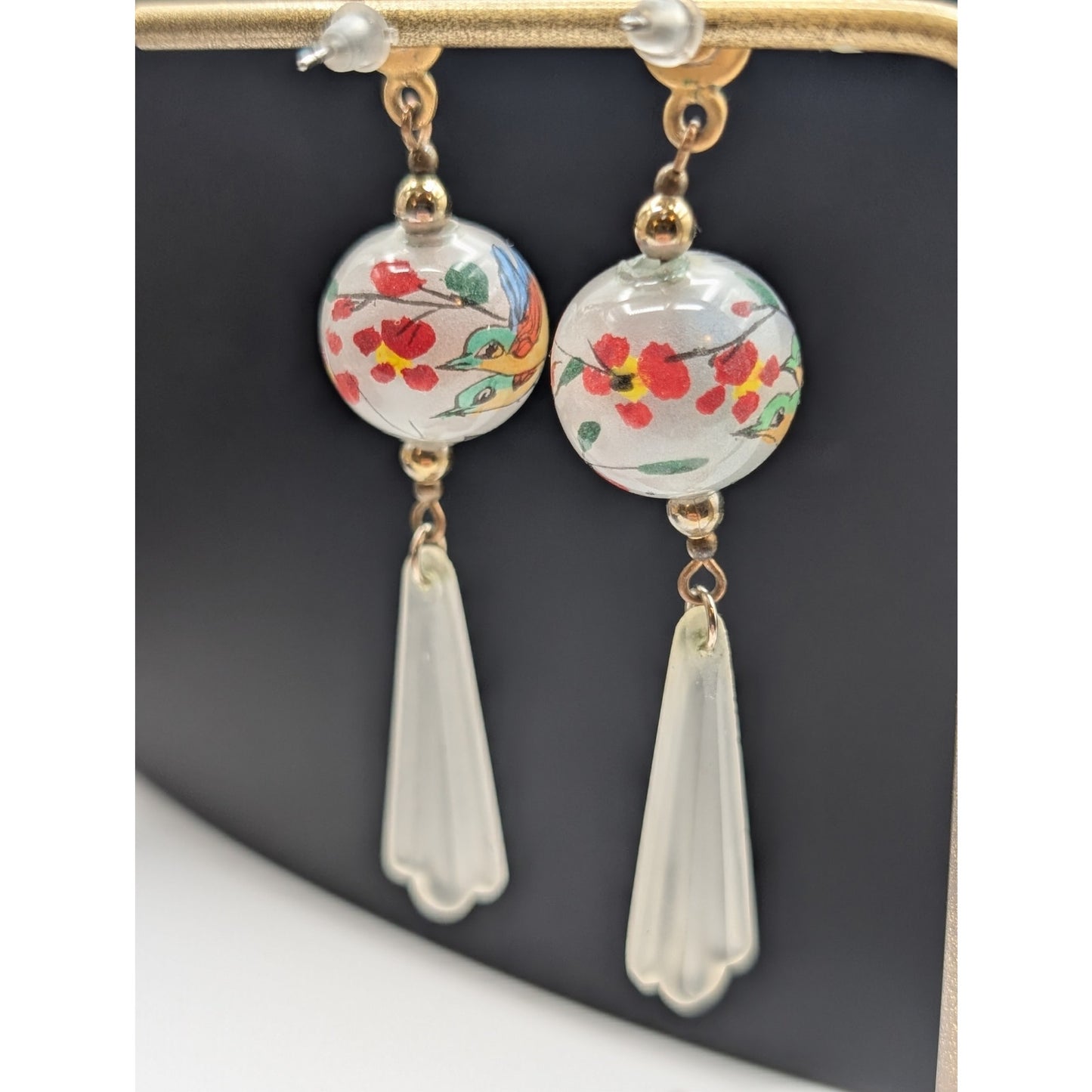 Vintage Japanese Painted Glass Bead White Frosted Dangle Earrings