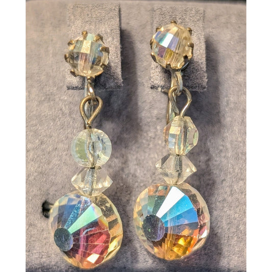 Unique Vintage Aurora Borealis AB Crystal Dangle Screw Back Earrings