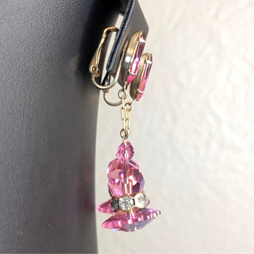 Vintage Pink AB Faceted Crystal Rhinestone Gold Tone Dangle Ear Clips