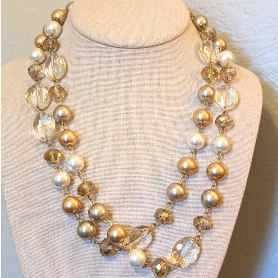 Gold Champagne Cream Pearl Crystal Bead Long 43" Necklace