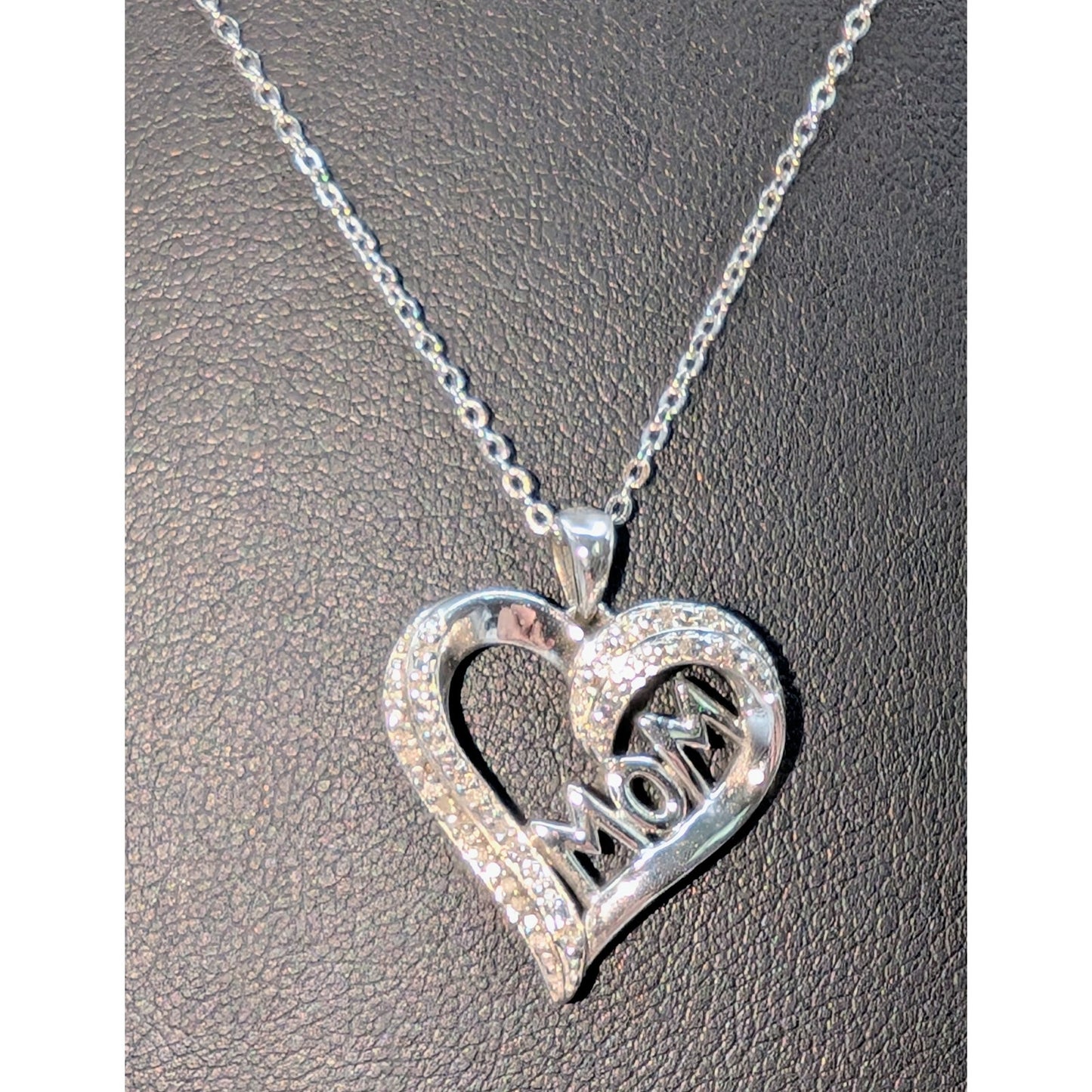 1/10 CT T.W. Diamond 'Mom' Heart 925 Sterling Silver Pendant 18" Chain Necklace