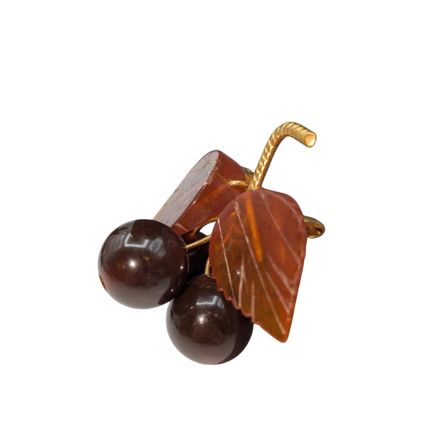 Vintage USSR 1980s Baltic Amber Cherry Gold Plated Brass Frame Brooch