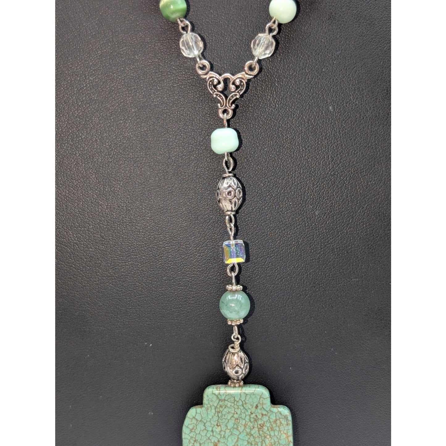 Green Stone Cat's Eye Crystal Bead Rosary Style Chain Y-Drop Toggle 23" Necklace