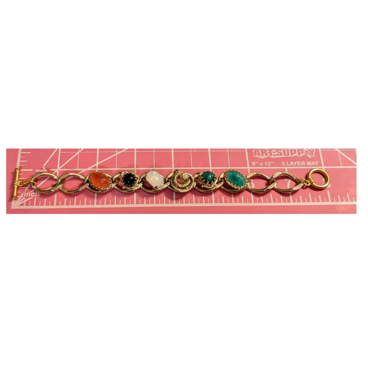 Vintage Carved Scarab Multi-Station Chain Link Gold Tone Toggle Clasp Bracelet