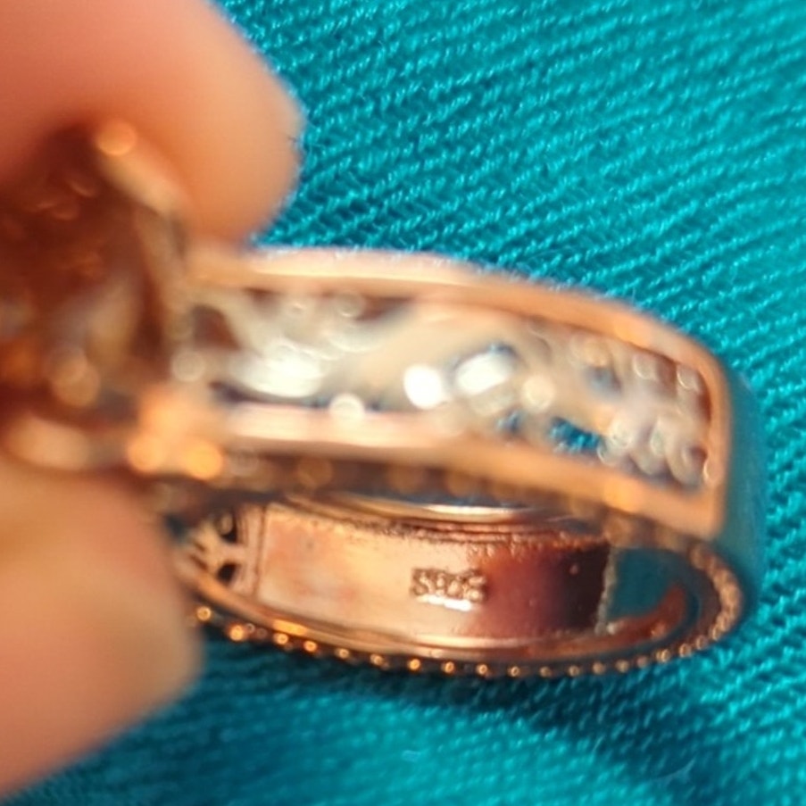 925 Two Toned Filigree Rose/Silver Metal Champagne Color Stone Ring Sz 5.5