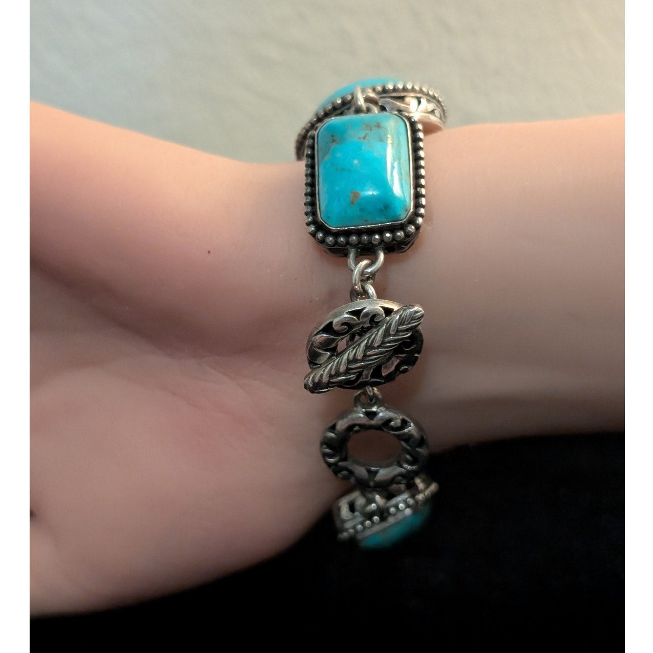 Barse Heavy Chunky 925 Sterling Silver Turquoise Chain Toggle Clasp Bracelet
