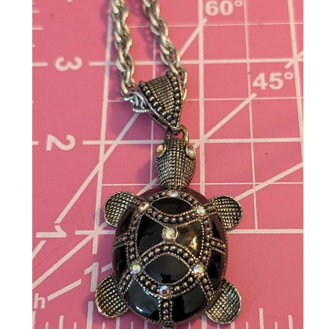 Vintage Black Enamel Beaded AB Crystal Silver Tone Chain Turtle Necklace
