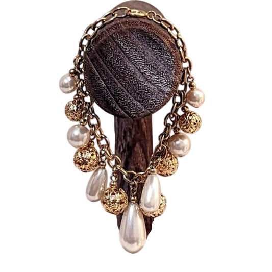 Vintage Gold Tone Filigree Ball Round & Teardrop Faux Pearl Bead Bracelet