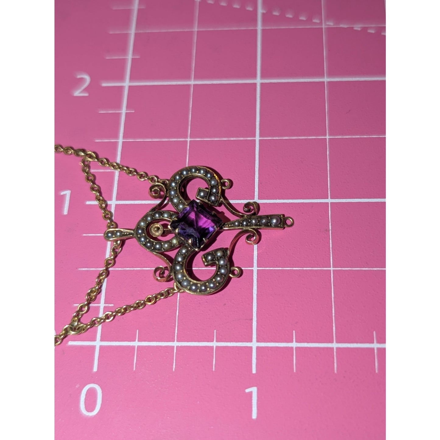 Antique 14k Yellow Gold Art Nouveau Amethyst Seed Pearl Festoon 15.5" Necklace