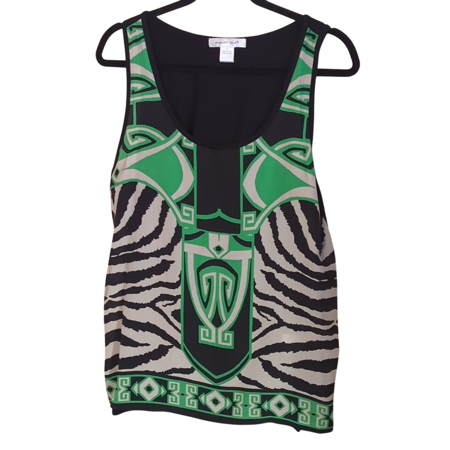 August Silk White Black Green Geometric Zebra Print Tank Top Women's Size L