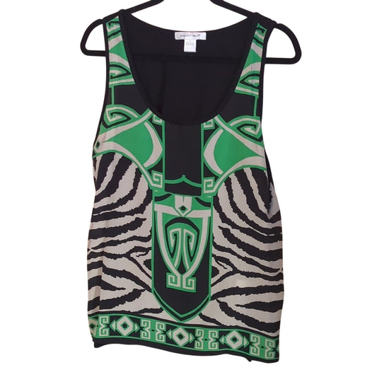 August Silk White Black Green Geometric Zebra Print Tank Top Women's Size L