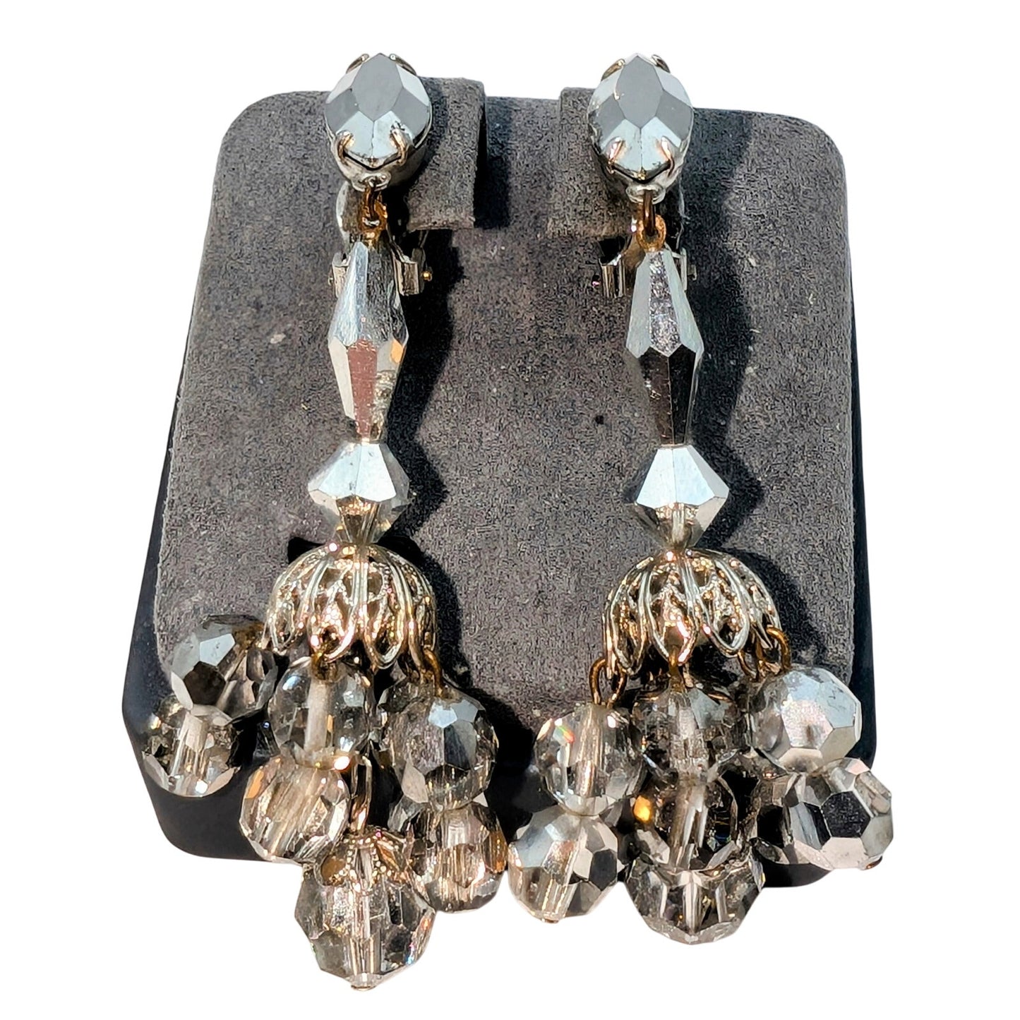 Lewis Segal California VTG Clip On Chandelier Metallic Crystal Dangle Earrings