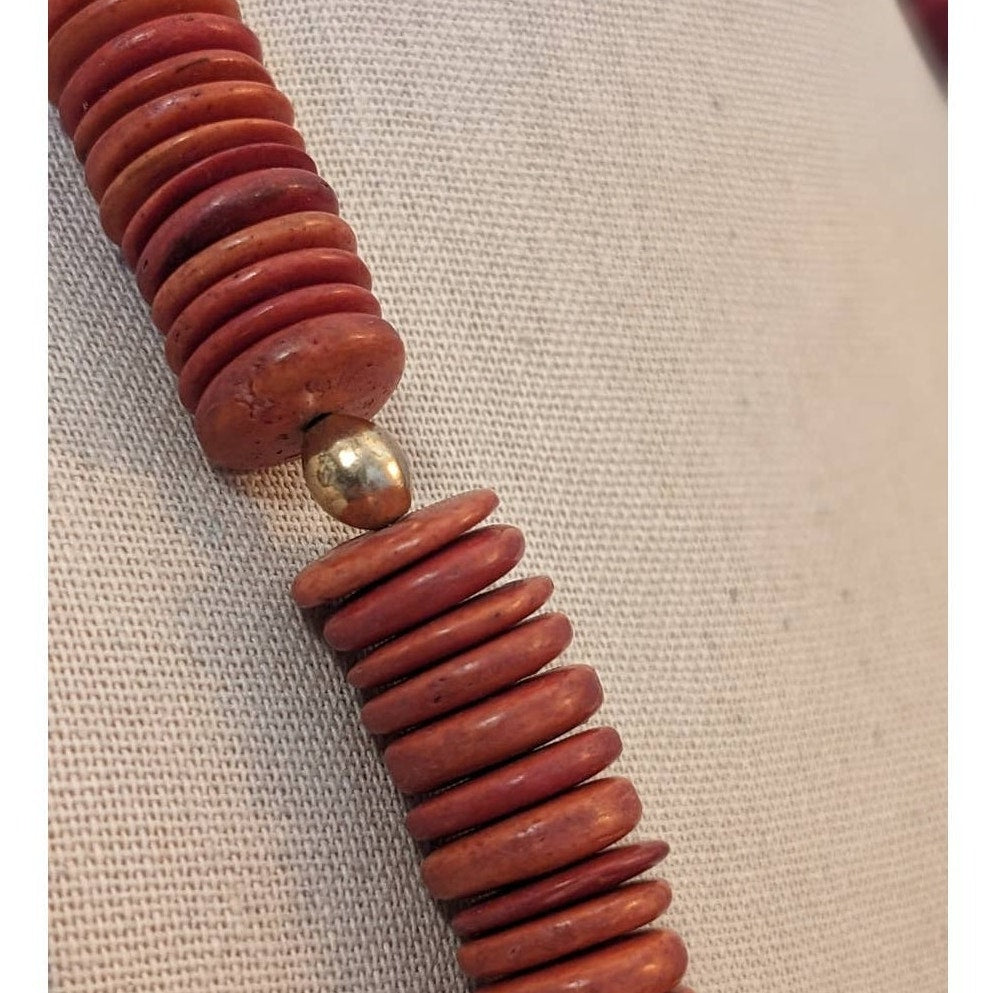 Vintage Tribal Red Coco Wood Gold Tone Rose Bead Hook Closure Necklace