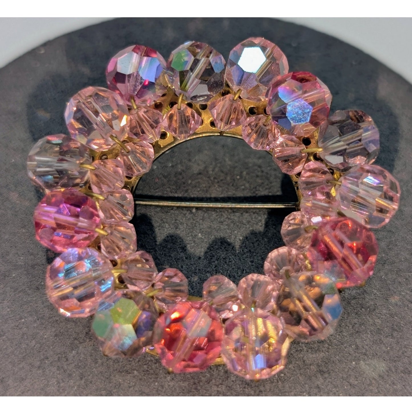 Vintage 1960s Shades of Pink Crystal Beaded Circular Wreath Brooch