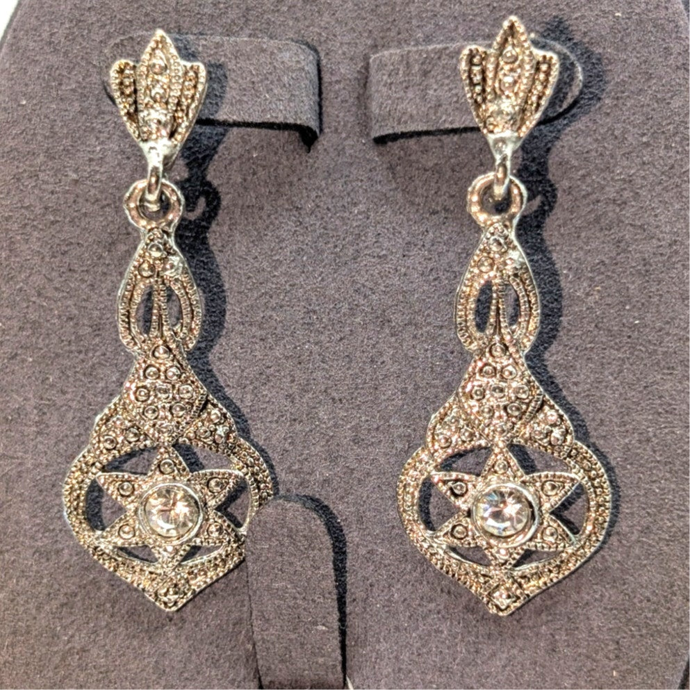 Silver Tone Deco Inspired Marcasite CZ Dangle Star Earrings