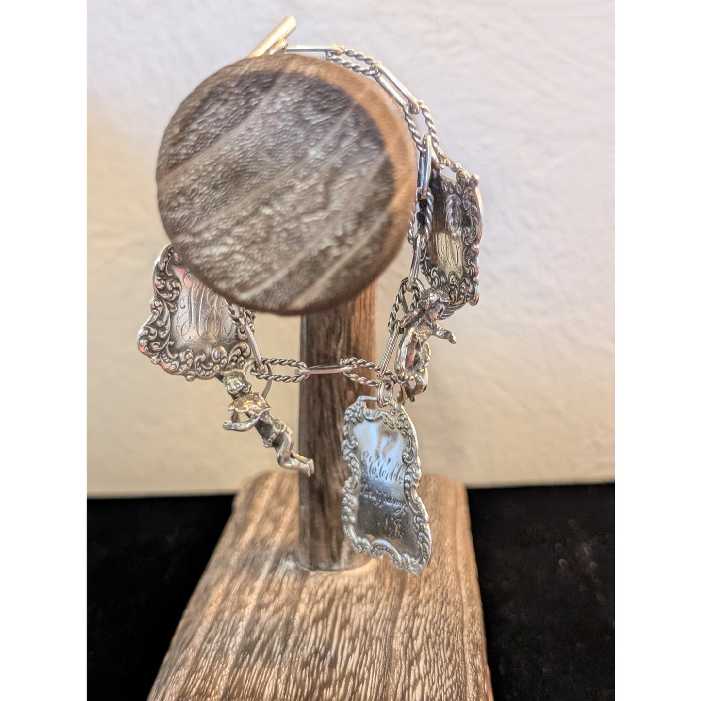VTG T Foree Hunsicker Sterling Silver Engraved Luggage Tag Cherub Charm Bracelet