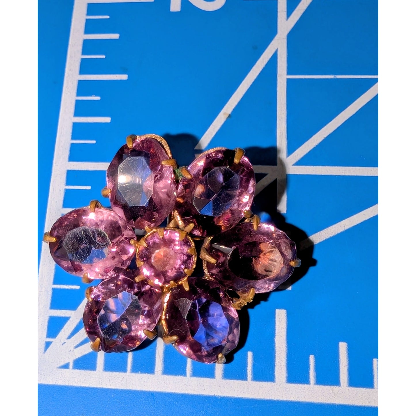 Antique Amethyst Glass Brass C-Clasp Flower Brooch