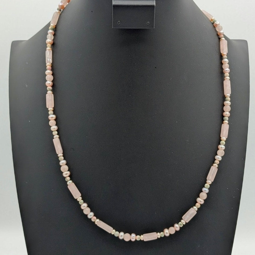 Vintage Pink Quartz Bar Agate Pearl Bead Hook Clasp 24" Necklace