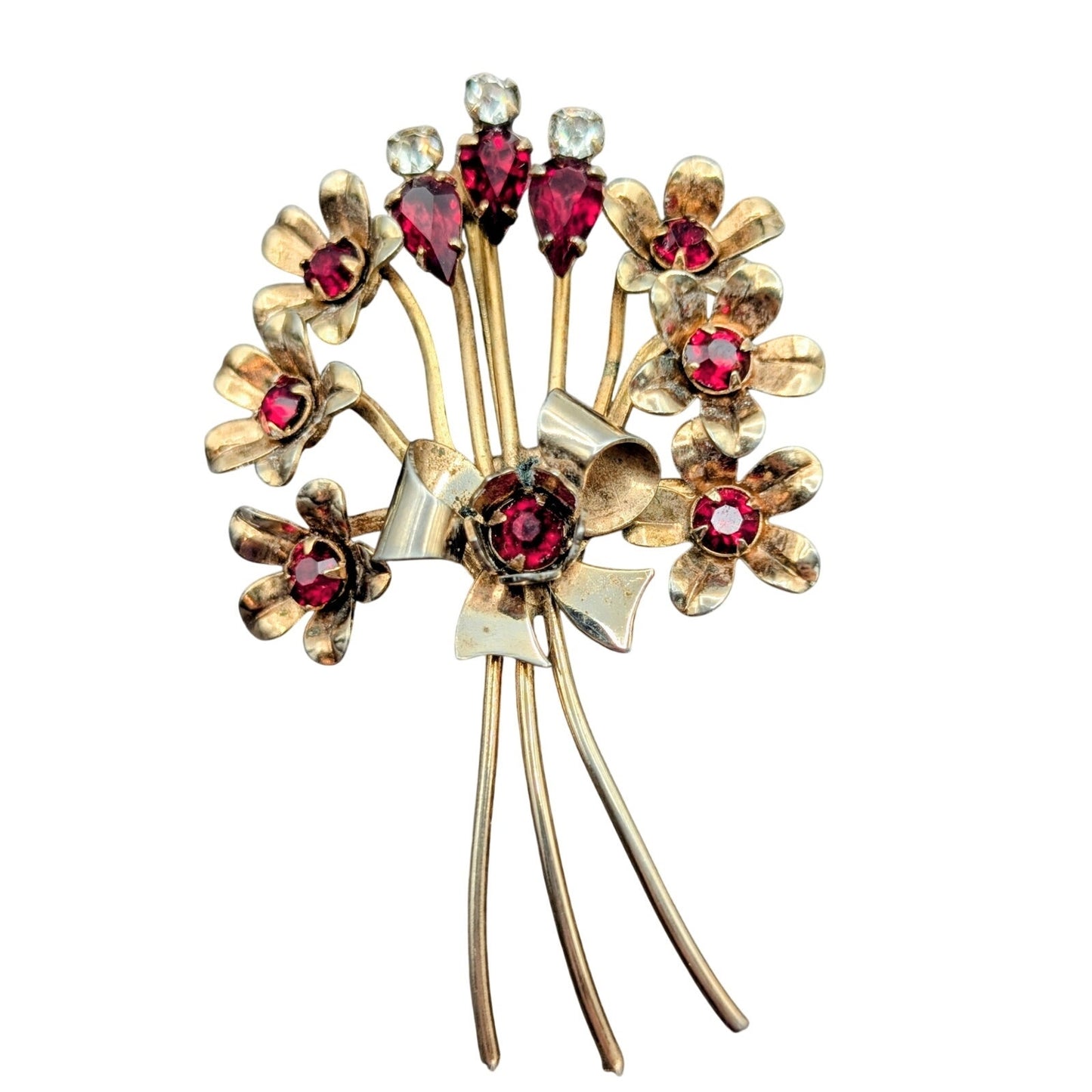 Vintage Gold Tone Red & Clear Rhinestone Floral Bouquet Brooch
