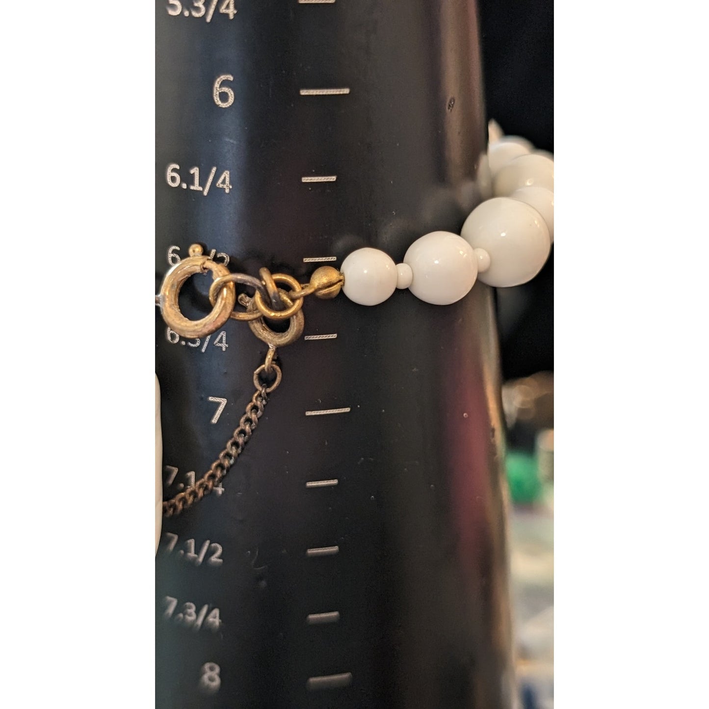 Miriam Haskell White Milk Glass Bead Dangle Charm Safety Chain Signed Bracelet
