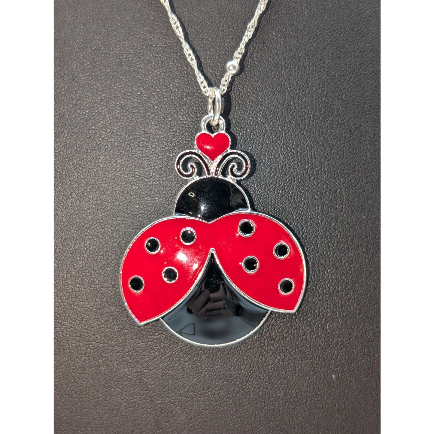 Red Black Enamel Lady Bug Pendant on 925 Italy Sterling Twisted Bead 20" Chain
