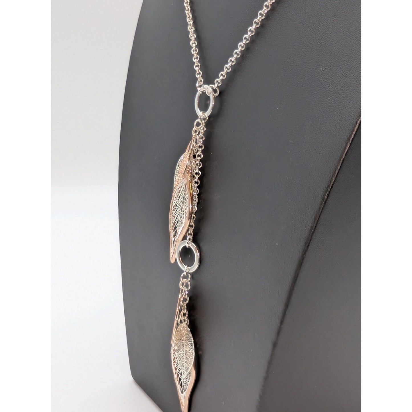 Silver & Rose Tone Dangle Veiny Leaf Dangles Long 30" Plus 6.25" Necklace