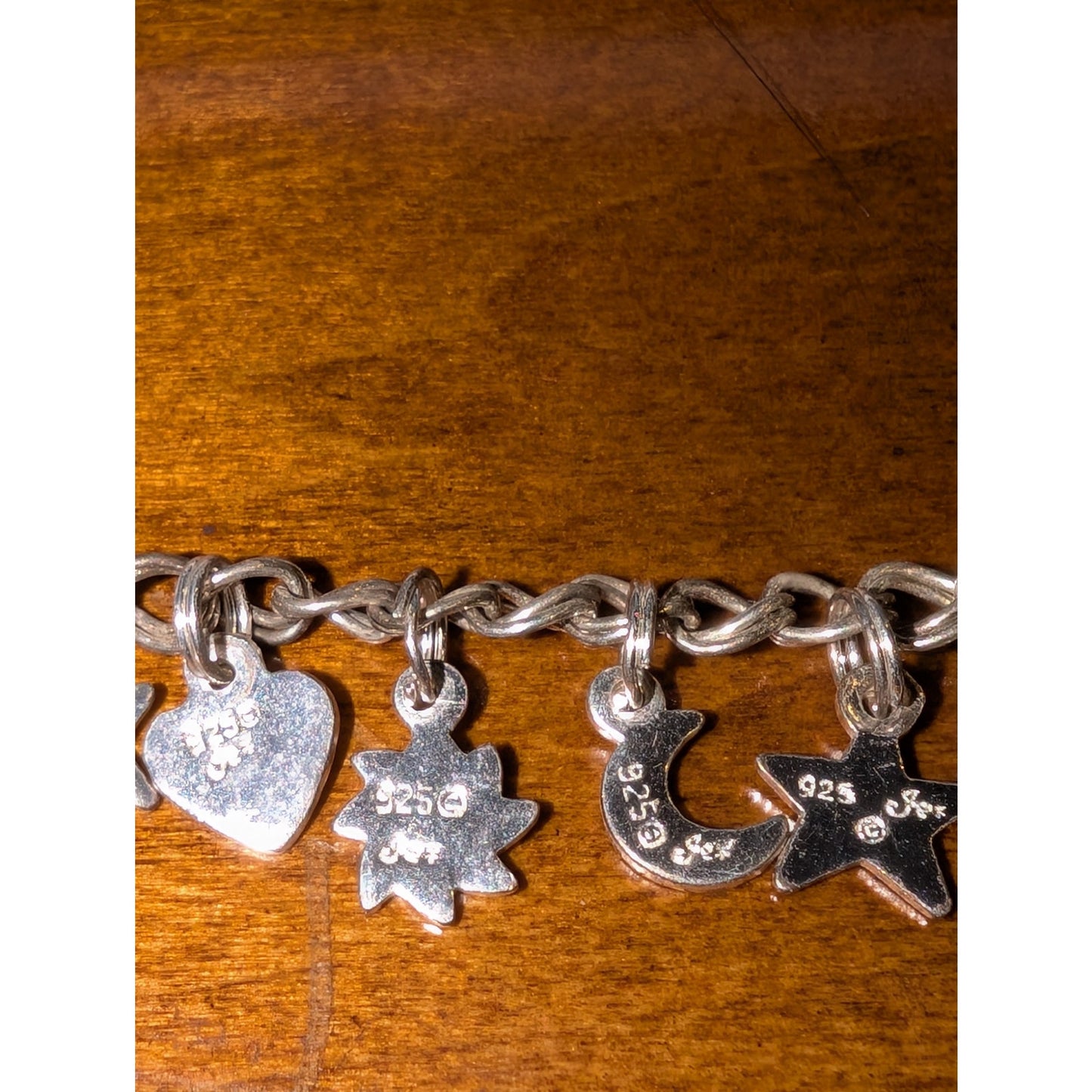 Vintage 925 Italy Sterling Silver Star Crescent Moon Flower Heart Charm Bracelet