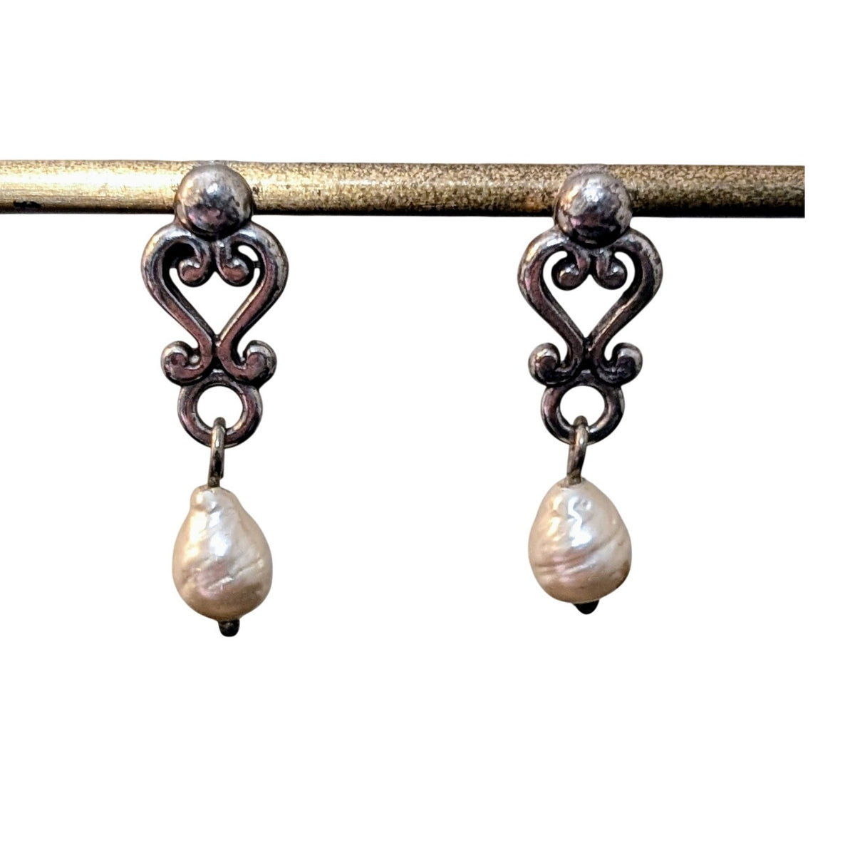 Vintage Sterling Silver Scroll Baroque Teardrop Freshwater Pearl Dangle Earrings