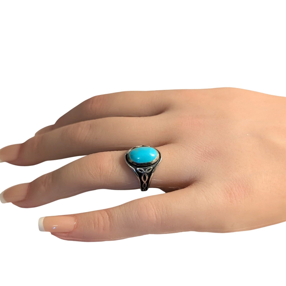 Vintage Filigree Celtic Turquoise 925 Sterling Silver Size 6.75