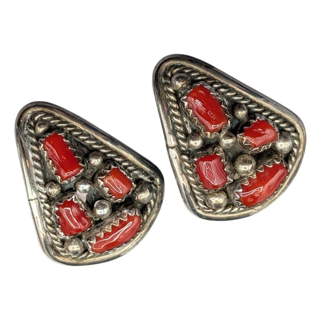Vtg Hand-Written 'Z' 925 Sterling Silver Coral Southwestern Clip On Earrings