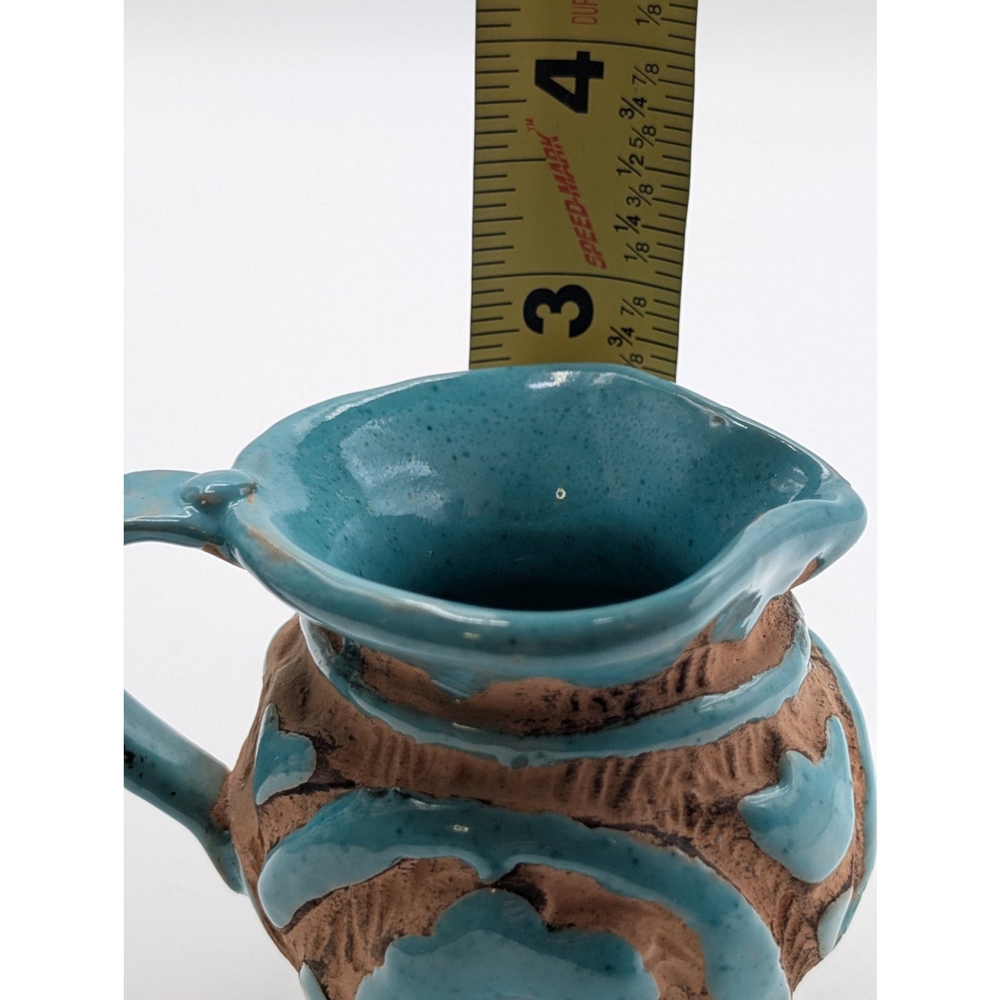Vtg 50s Italian SACA Sgraffito Art Pottery Aqua Glaze Hand Painted Mini Pitcher