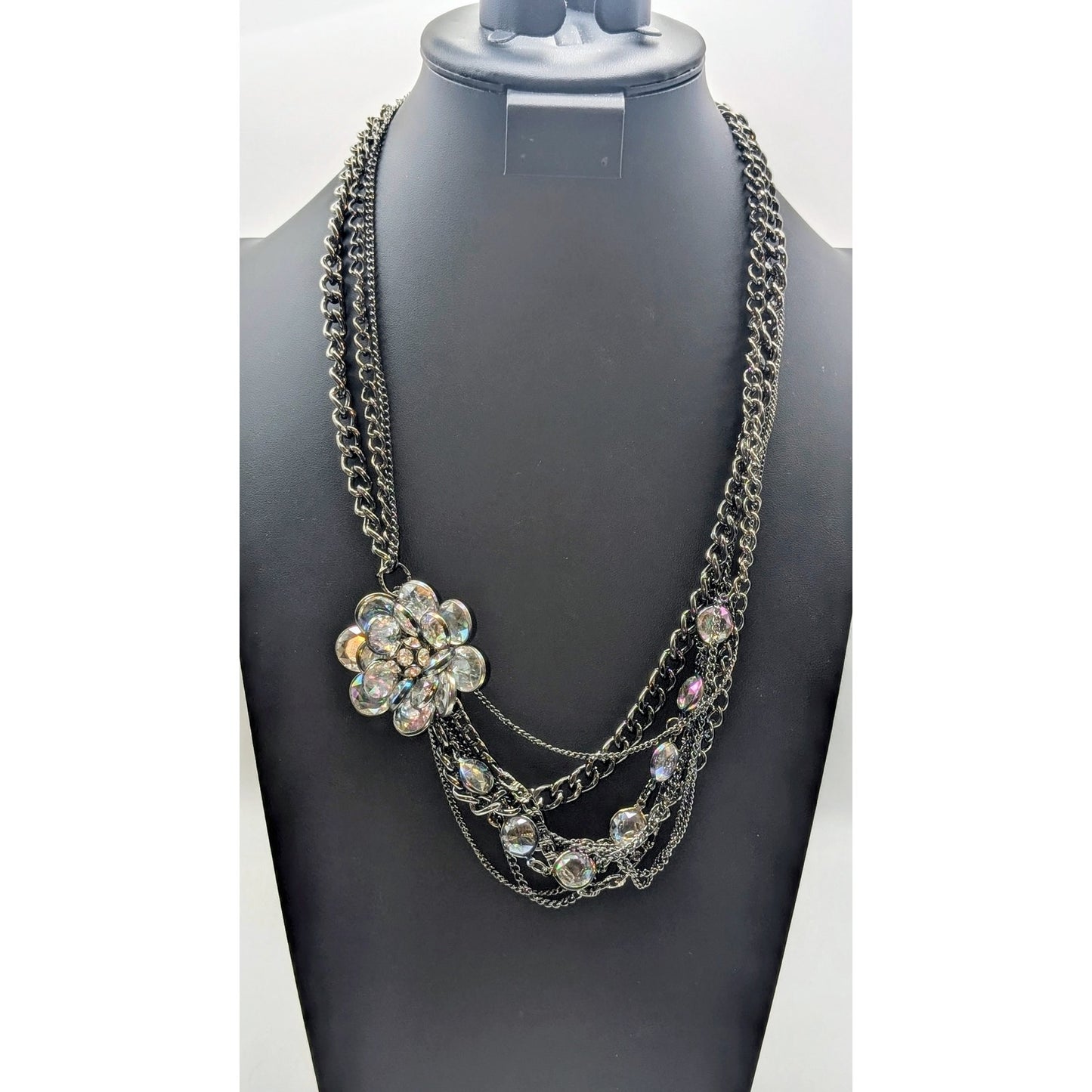 Simply Vera Wang Multi Strand Gun Metal/Black Chain Crystal Flower Necklace