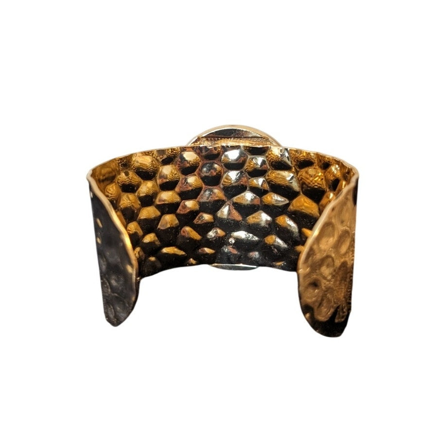 Hammered Gold Tone Cuff W/ Bezel Set Tan Swirl Faux Stone
