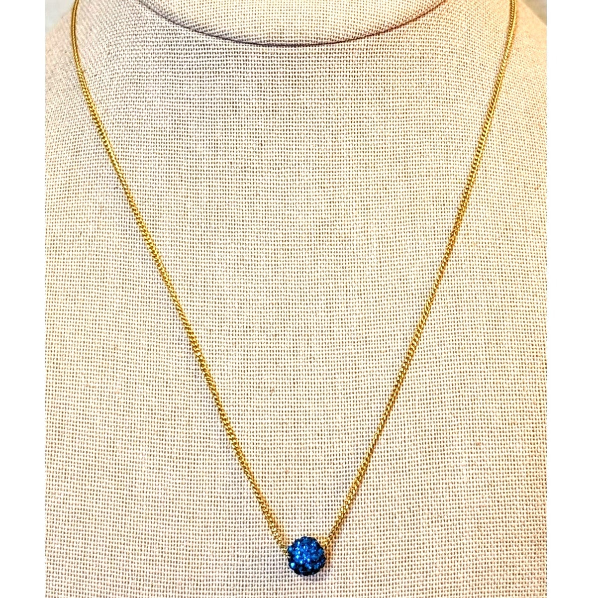 Vintage Galle 18kt GF Blue Pave Crystal Disco Ball Bead 18" Necklace