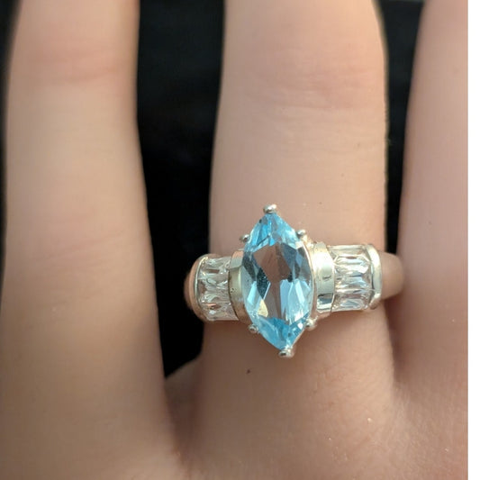 925 Sterling Silver Marquis Blue Topaz & Baguette CZs Ring Sz 6.75