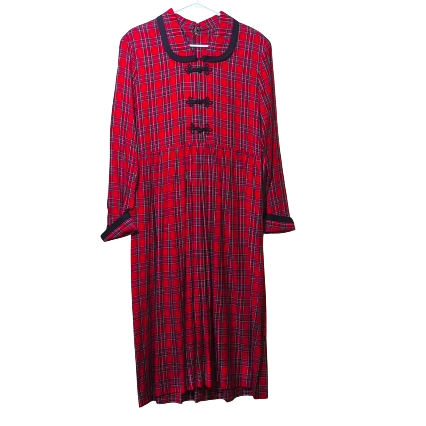 J.G. Hook Vintage Red Plaid Black Trim Peter Pan Collar Modest Maxi Dress Sz 8P