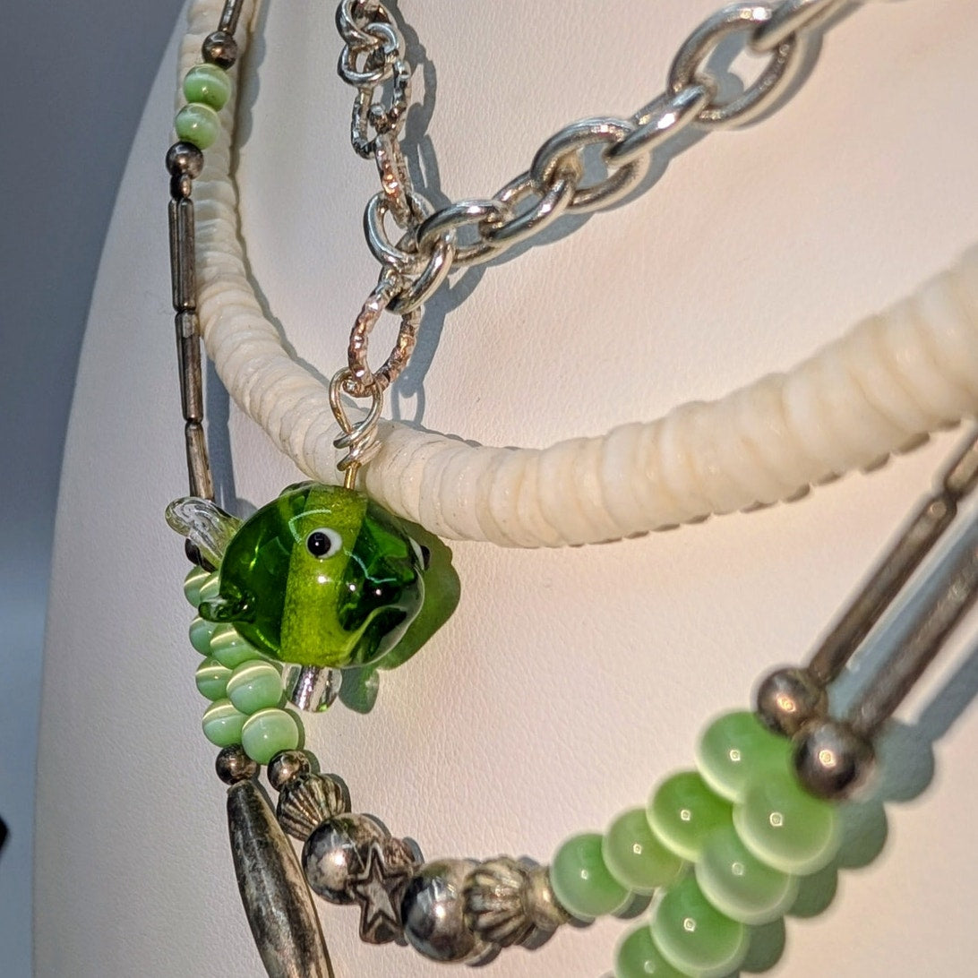 Lot of 3 Green Silver Tone Theme Boho Necklaces and a Beaded Wire Wrap Bracelet