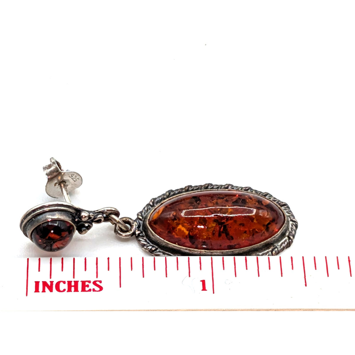 Vintage 925 Sterling Silver Baltic Amber Oval Drop Dangle Earrings
