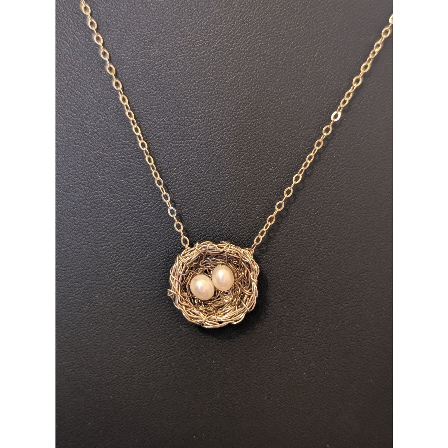 Precious Meshes 925 Sterling Hand Crocheted Wire Pearl Bird Nest Necklace
