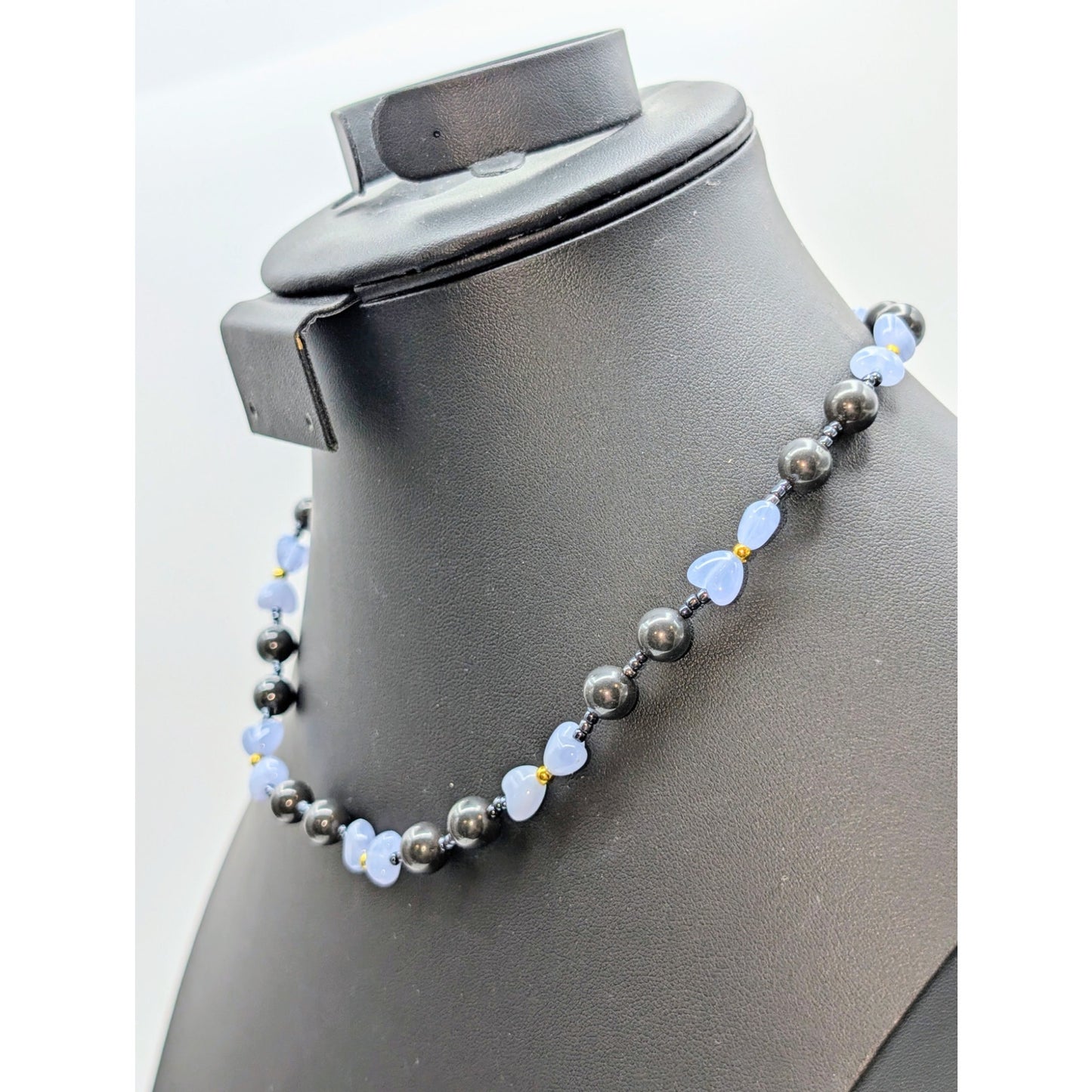 Vintage Gray Glass & Light Blue Heart Bead 18" Barrel Clasp Necklace